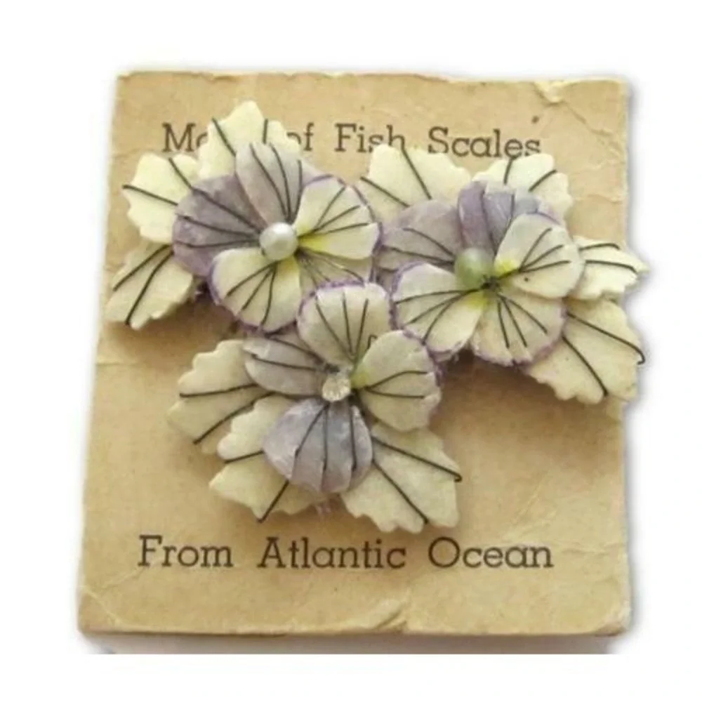 Vintage Old Pansy Flowers Pin Brooch Handmade Of Fish Scales From Atlantic Ocean